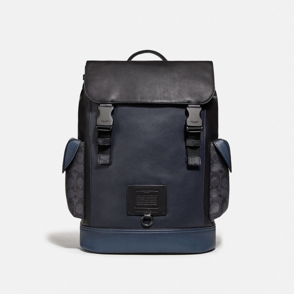 COACH®,RIVINGTON BACKPACK WITH SIGNATURE CANVAS BLOCKING,Leather,Large,Black Copper/Midnight Navy/Charcoal,Front View