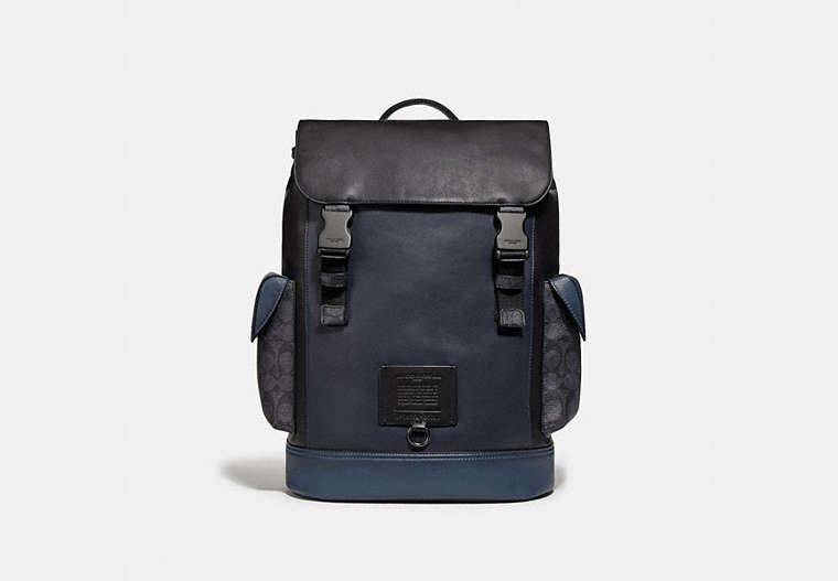 COACH®,RIVINGTON BACKPACK WITH SIGNATURE CANVAS BLOCKING,Leather,Large,Black Copper/Midnight Navy/Charcoal,Front View