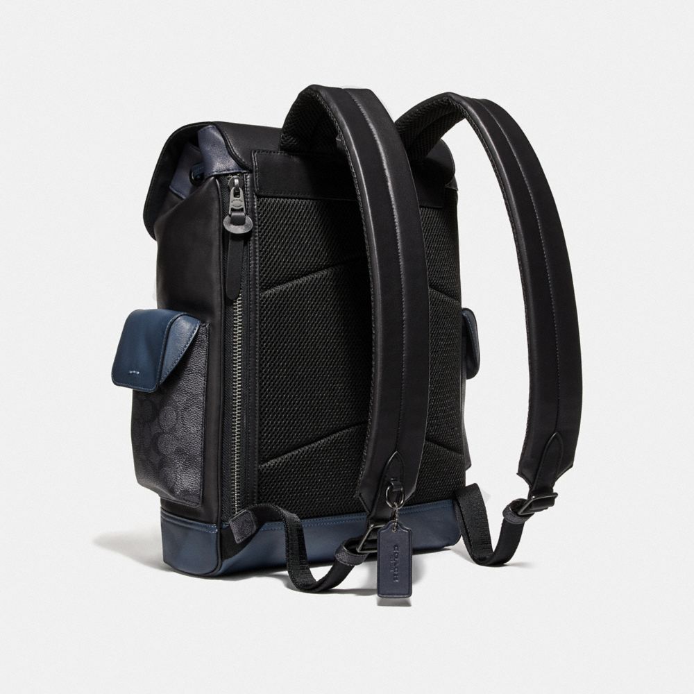 COACH®,RIVINGTON BACKPACK WITH SIGNATURE CANVAS BLOCKING,Leather,Large,Black Copper/Midnight Navy/Charcoal,Angle View