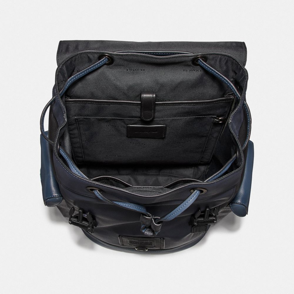 COACH®,RIVINGTON BACKPACK WITH SIGNATURE CANVAS BLOCKING,Leather,Large,Black Copper/Midnight Navy/Charcoal,Inside View,Top View