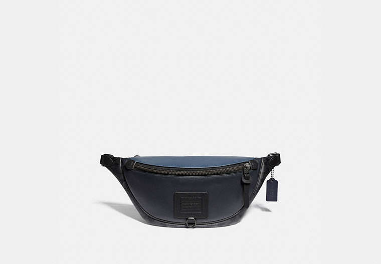 COACH®,RIVINGTON BELT BAG WITH SIGNATURE CANVAS BLOCKING,Leather,Small,Black Copper/Midnight Navy/Charcoal,Front View
