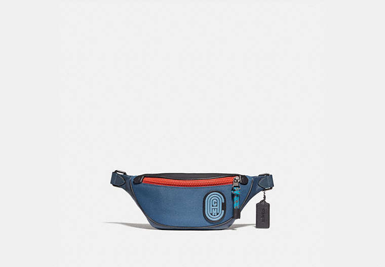 COACH®,RIVINGTON BELT BAG 7 IN COLORBLOCK WITH COACH PATCH,Leather,Black Copper/True Blue Multi,Front View image number 0