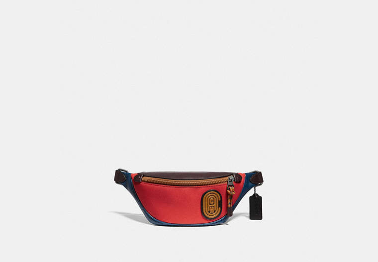 COACH®,RIVINGTON BELT BAG 7 IN COLORBLOCK WITH COACH PATCH,Smooth Leather/Cordura,Small,Black Copper/Oxblood,Front View