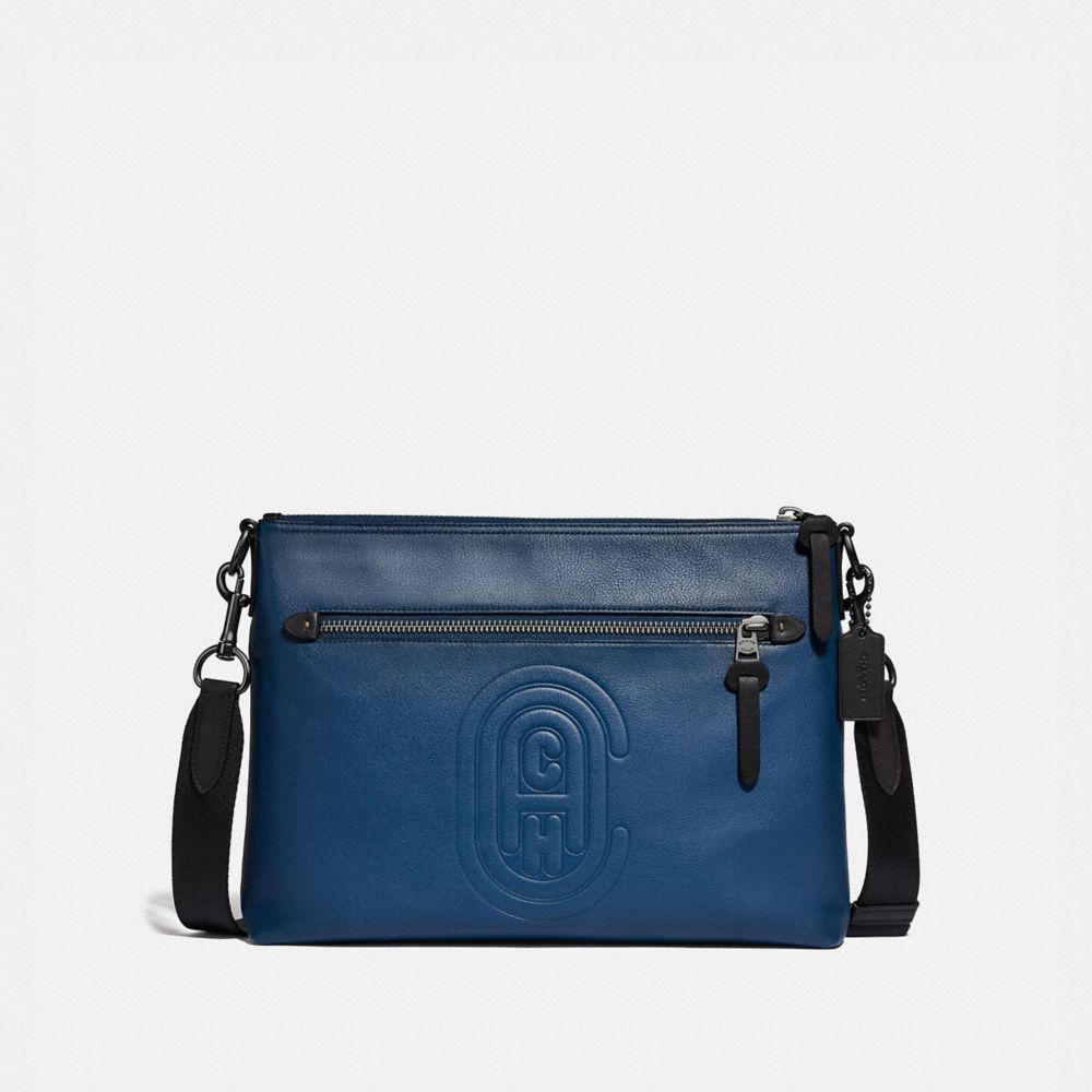 COACH®,RIVINGTON MESSENGER WITH COACH PATCH,Leather,Black Copper/True Blue,Front View image number 0