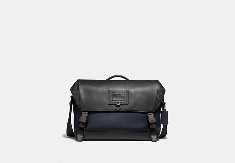 COACH®,RIVINGTON BIKE BAG WITH SIGNATURE CANVAS BLOCKING,Leather,Large,Black Copper/Midnight Navy/Charcoal,Front View