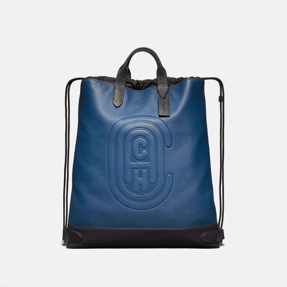 COACH®,ACADEMY DRAWSTRING BACKPACK WITH COACH PATCH,Leather,Large,Black Copper/True Blue,Front View image number 0