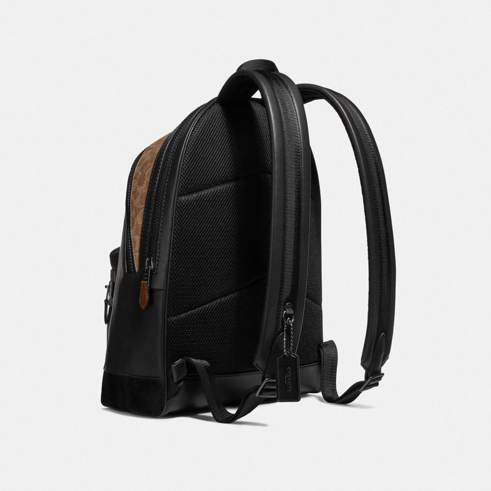 COACH®,ACADEMY BACKPACK WITH SIGNATURE CANVAS BLOCKING AND COACH PATCH,Leather,X-Large,Black/Khaki/Black Copper,Angle View
