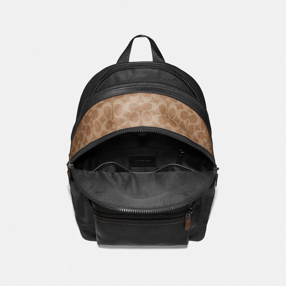 COACH®,ACADEMY BACKPACK WITH SIGNATURE CANVAS BLOCKING AND COACH PATCH,Leather,X-Large,Black/Khaki/Black Copper,Inside View,Top View
