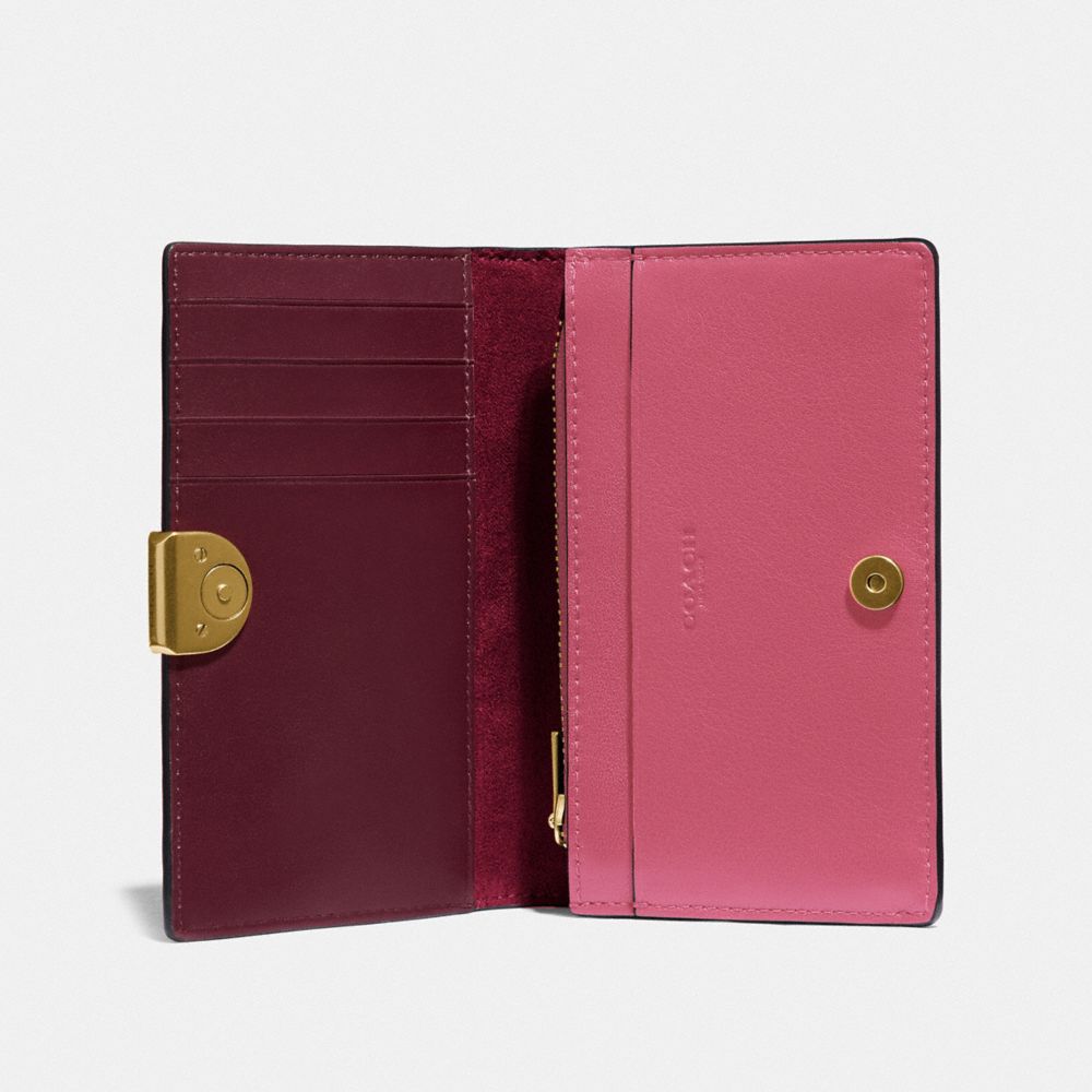COACH®,DREAMER CARD CASE,Leather,Brass/Orchid,Inside View,Top View