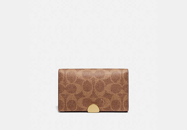 COACH®,DREAMER CARD CASE IN COLORBLOCK SIGNATURE CANVAS,Coated Canvas,Brass/Tan/Rust,Front View