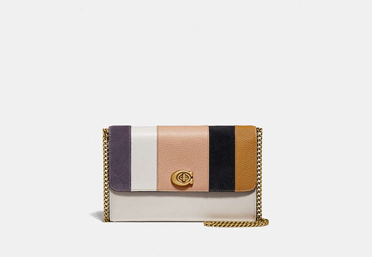 COACH®,MARLOW TURNLOCK CHAIN CROSSBODY WITH PATCHWORK STRIPES,Smooth Leather/Pebble Leather/Suede,Mini,Brass/Beechwood Multi,Front View