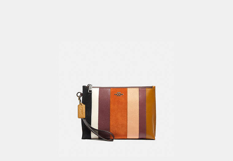 COACH®,CHARLIE POUCH WITH PATCHWORK STRIPES,Leather,Beechwood Multi/Pewter,Front View image number 0