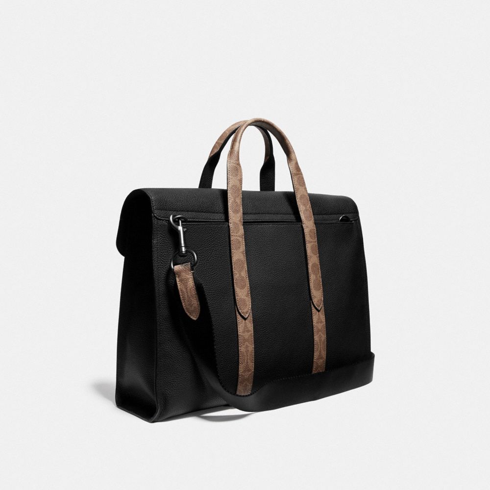 COACH®,METROPOLITAN PORTFOLIO WITH SIGNATURE CANVAS BLOCKING,Leather,Large,Black/Khaki/Black Copper,Angle View