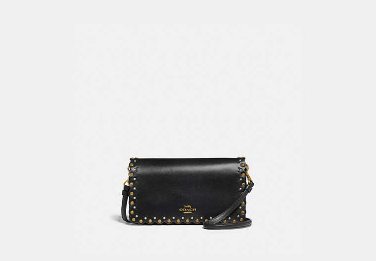 COACH®,HAYDEN FOLDOVER CROSSBODY CLUTCH WITH SCALLOP RIVETS,Smooth Leather,Mini,Brass/Black,Front View