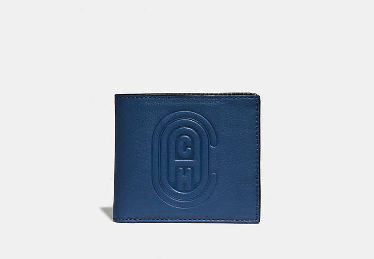 COACH®,DOUBLE BILLFOLD WALLET WITH COACH PATCH,Leather,True Blue,Front View image number 0