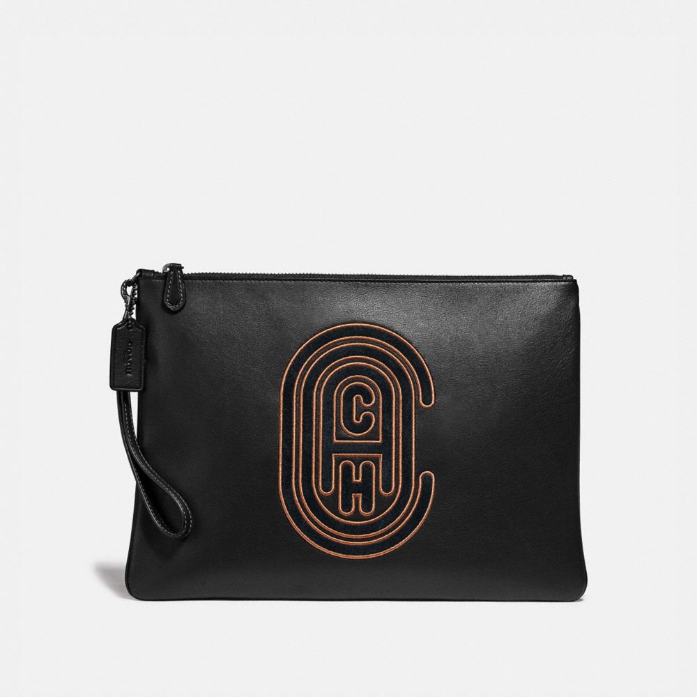 COACH®,POUCH 30 WITH COACH PATCH,Leather,Black,Front View image number 0