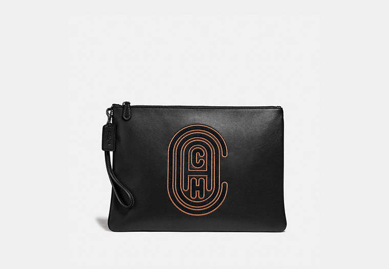 COACH®,POUCH 30 WITH COACH PATCH,Leather,Black,Front View image number 0