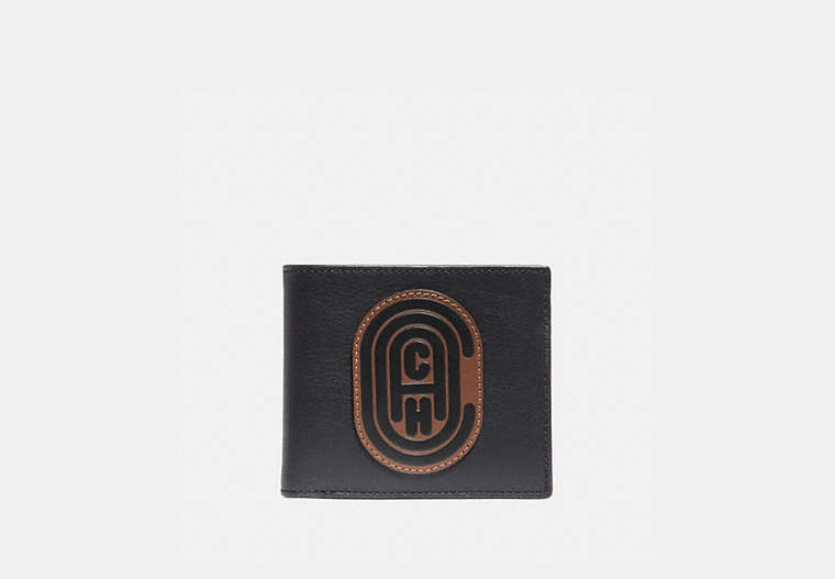 COACH®,DOUBLE BILLFOLD WALLET WITH SIGNATURE CANVAS BLOCKING AND COACH PATCH,Leather,KHAKI,Front View