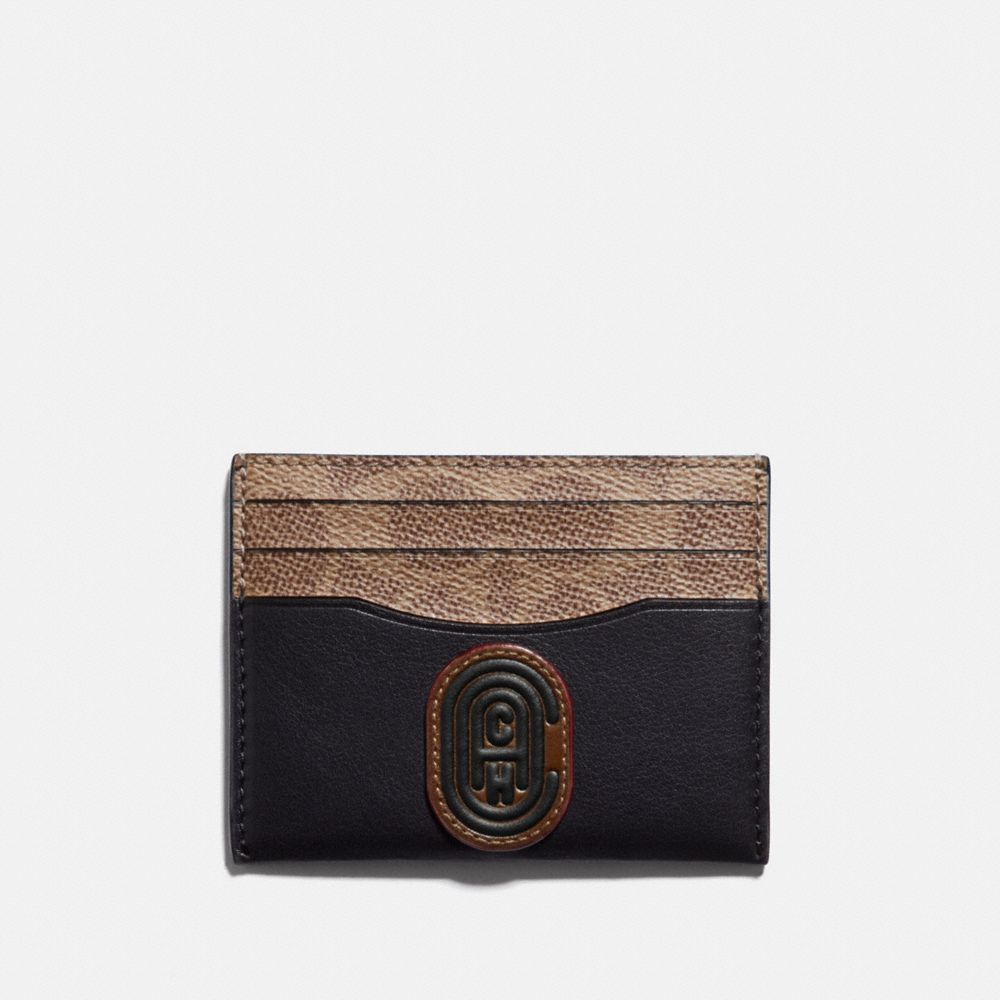 COACH®,CARD CASE WITH SIGNATURE CANVAS BLOCKING AND COACH PATCH,Coated Canvas,Black,Front View