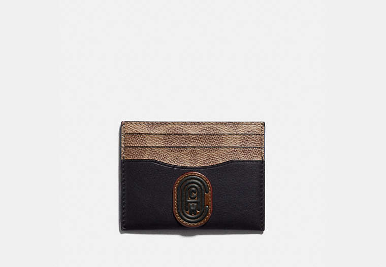 COACH®,CARD CASE WITH SIGNATURE CANVAS BLOCKING AND COACH PATCH,Coated Canvas,Black,Front View image number 0