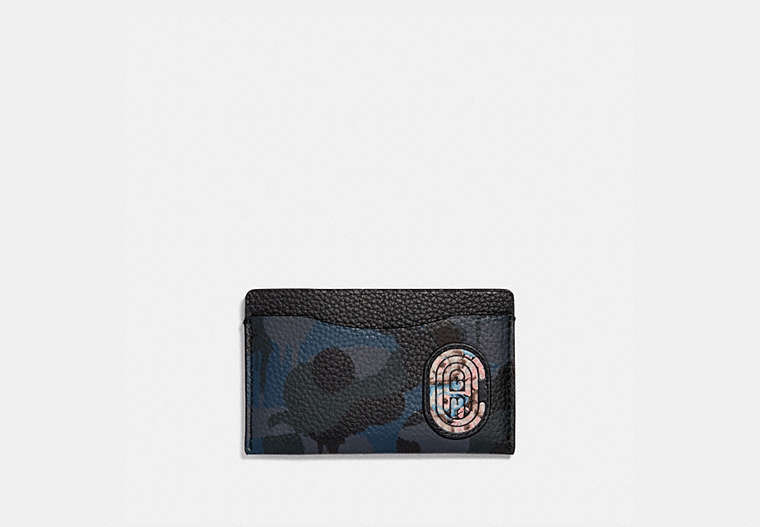 COACH®,SMALL CARD CASE WITH CAMO PRINT AND KAFFE FASSETT COACH PATCH,Leather,BLUE,Front View