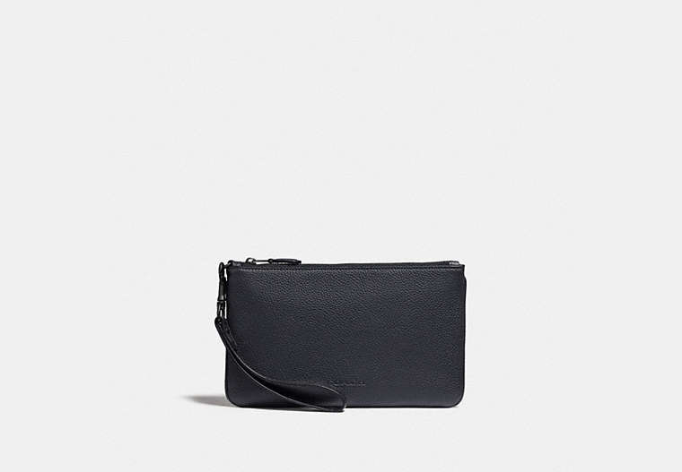 COACH®,PHONE POUCH WITH SIGNATURE CANVAS BLOCKING,Coated Canvas,Charcoal,Front View