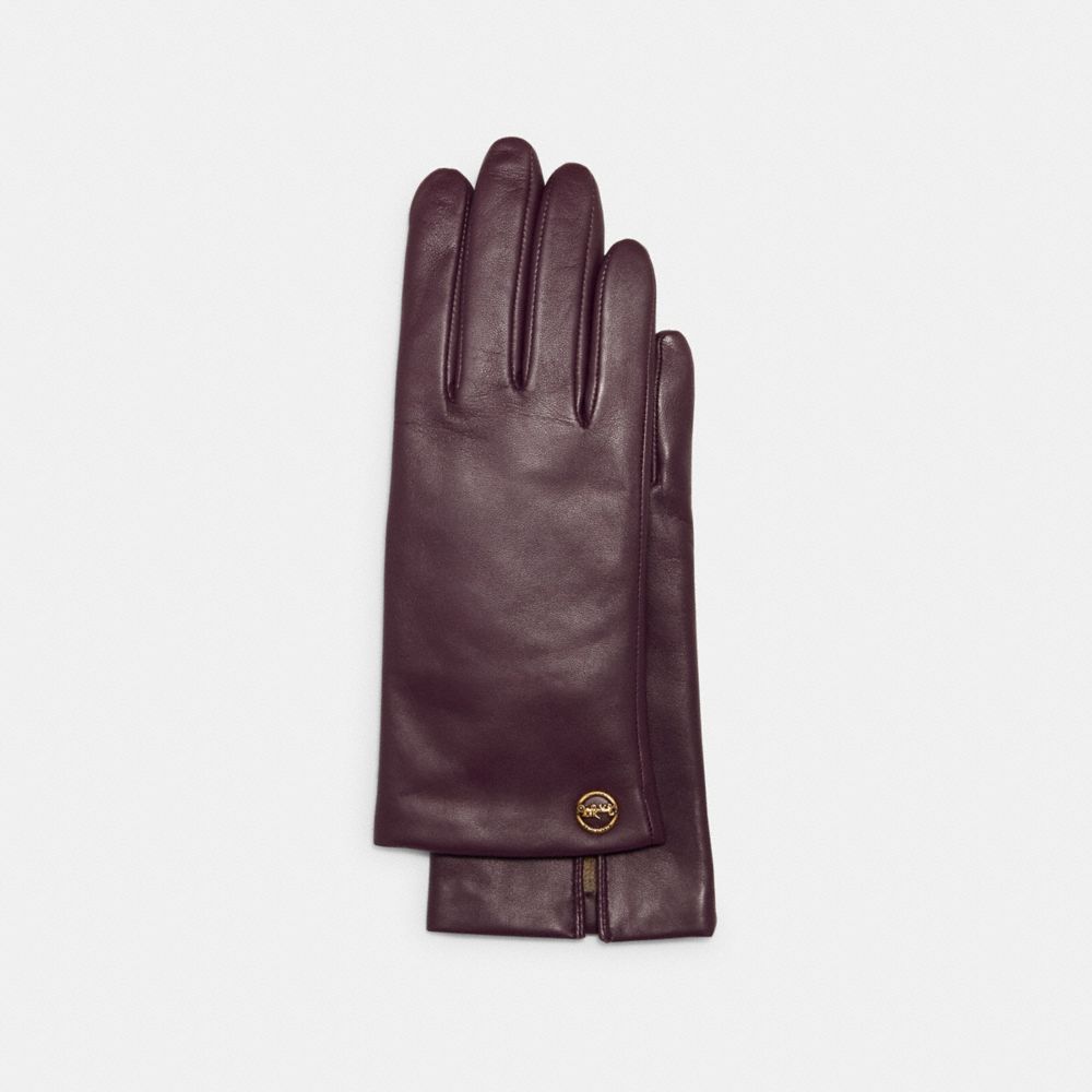 COACH®,Horse And Carriage Plaque Leather Tech Gloves,,Front View