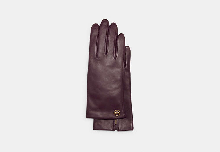 COACH®,HORSE AND CARRIAGE PLAQUE LEATHER TECH GLOVES,Leather,Deep Berry,Front View