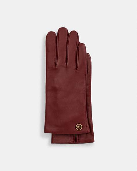 COACH®,HORSE AND CARRIAGE PLAQUE LEATHER TECH GLOVES,Leather,CHERRY,Front View