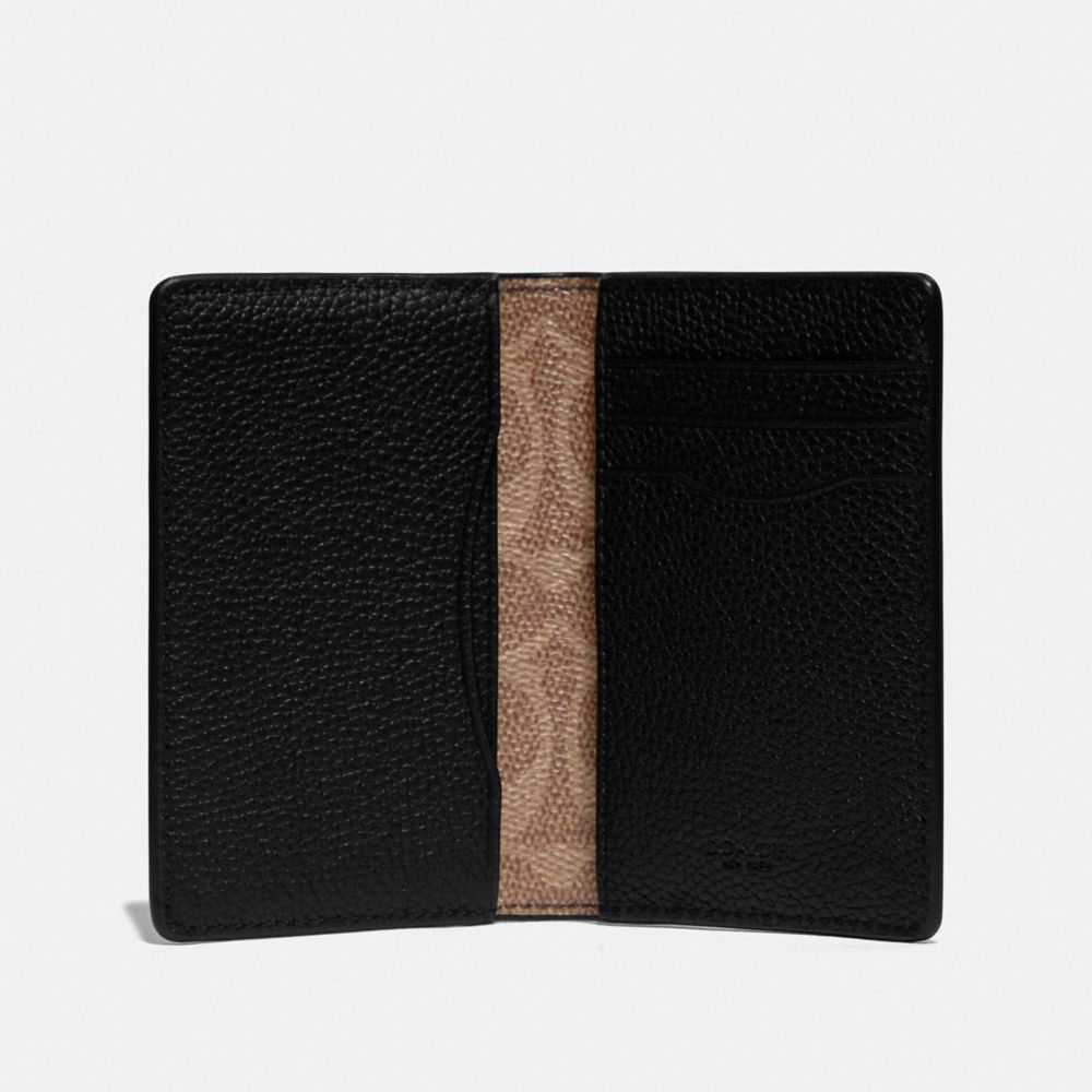 COACH®,CARD WALLET WITH SIGNATURE CANVAS BLOCKING,Pebbled Leather,Black/Khaki,Inside View,Top View