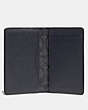 COACH®,CARD WALLET WITH SIGNATURE CANVAS BLOCKING,Pebbled Leather,Midnight/Charcoal,Inside View,Top View