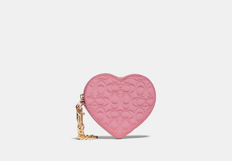 COACH®,HEART COIN CASE IN SIGNATURE LEATHER,Leather,Mini,Gold/True Pink,Front View