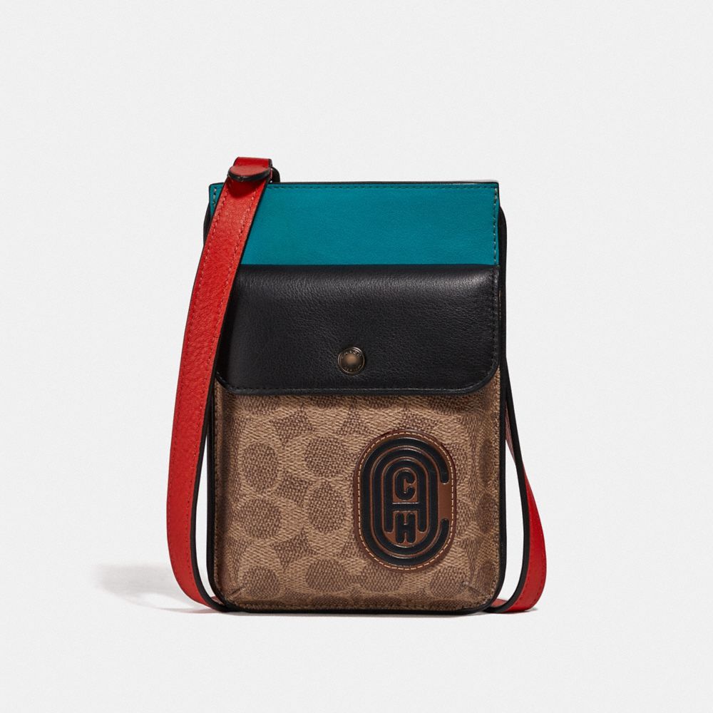 COACH®,HYBRID POUCH WITH SIGNATURE CANVAS BLOCKING AND COACH PATCH,Leather,Tan Signature Multi,Front View image number 0