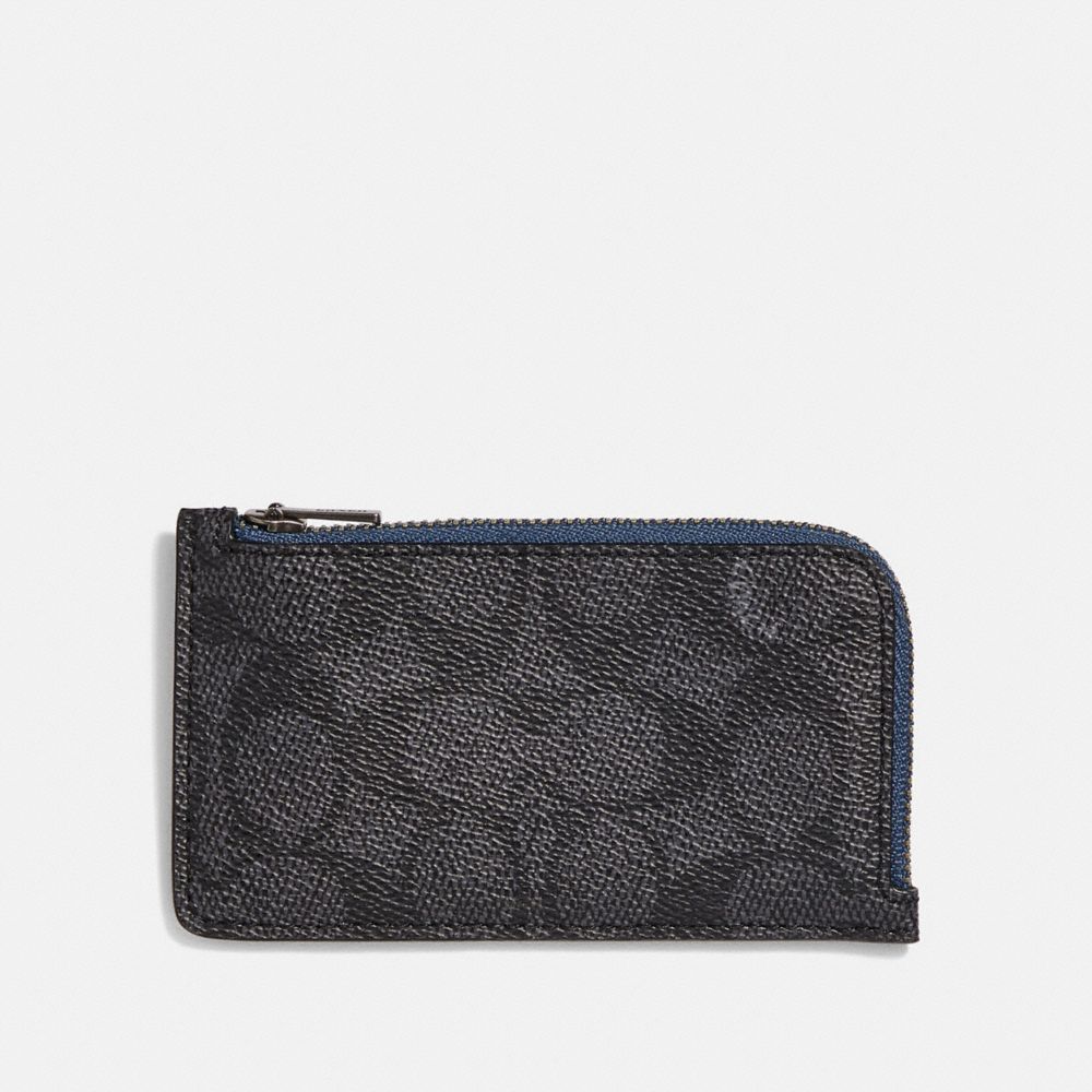 COACH®,L-ZIP CARD CASE WITH SIGNATURE CANVAS BLOCKING,Leather,Charcoal Signature Multi,Front View