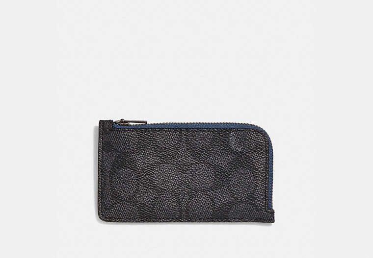 COACH®,L-ZIP CARD CASE WITH SIGNATURE CANVAS BLOCKING,Leather,Charcoal Signature Multi,Front View