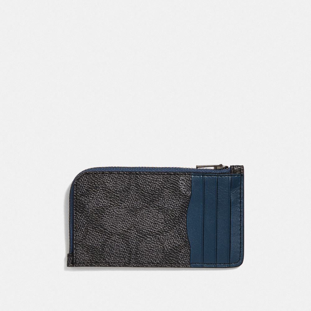 COACH®,L-ZIP CARD CASE WITH SIGNATURE CANVAS BLOCKING,Leather,Charcoal Signature Multi,Back View
