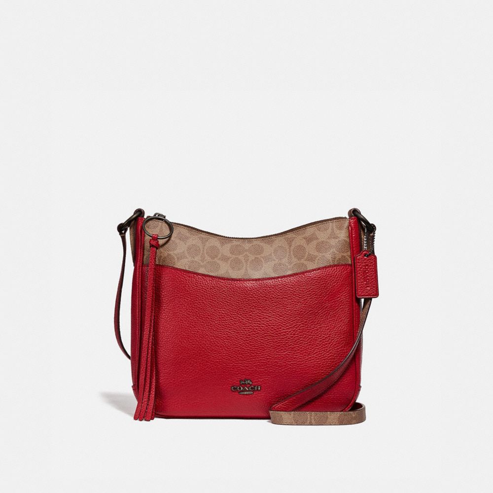 COACH®,CHAISE CROSSBODY BAG WITH SIGNATURE CANVAS BLOCKING,Coated Canvas,Medium,Pewter/Tan Red Apple,Front View