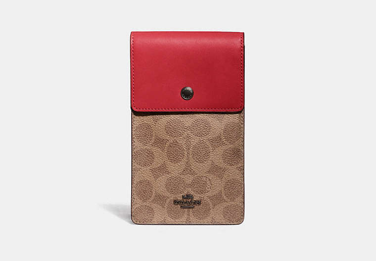 COACH®,SNAP PHONE CROSSBODY IN SIGNATURE CANVAS,Leather,Mini,Pewter/Tan Red Apple,Front View