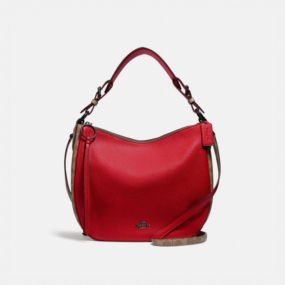 COACH®,SUTTON HOBO WITH SIGNATURE CANVAS BLOCKING,Coated Canvas,Pewter/Tan Red Apple,Front View