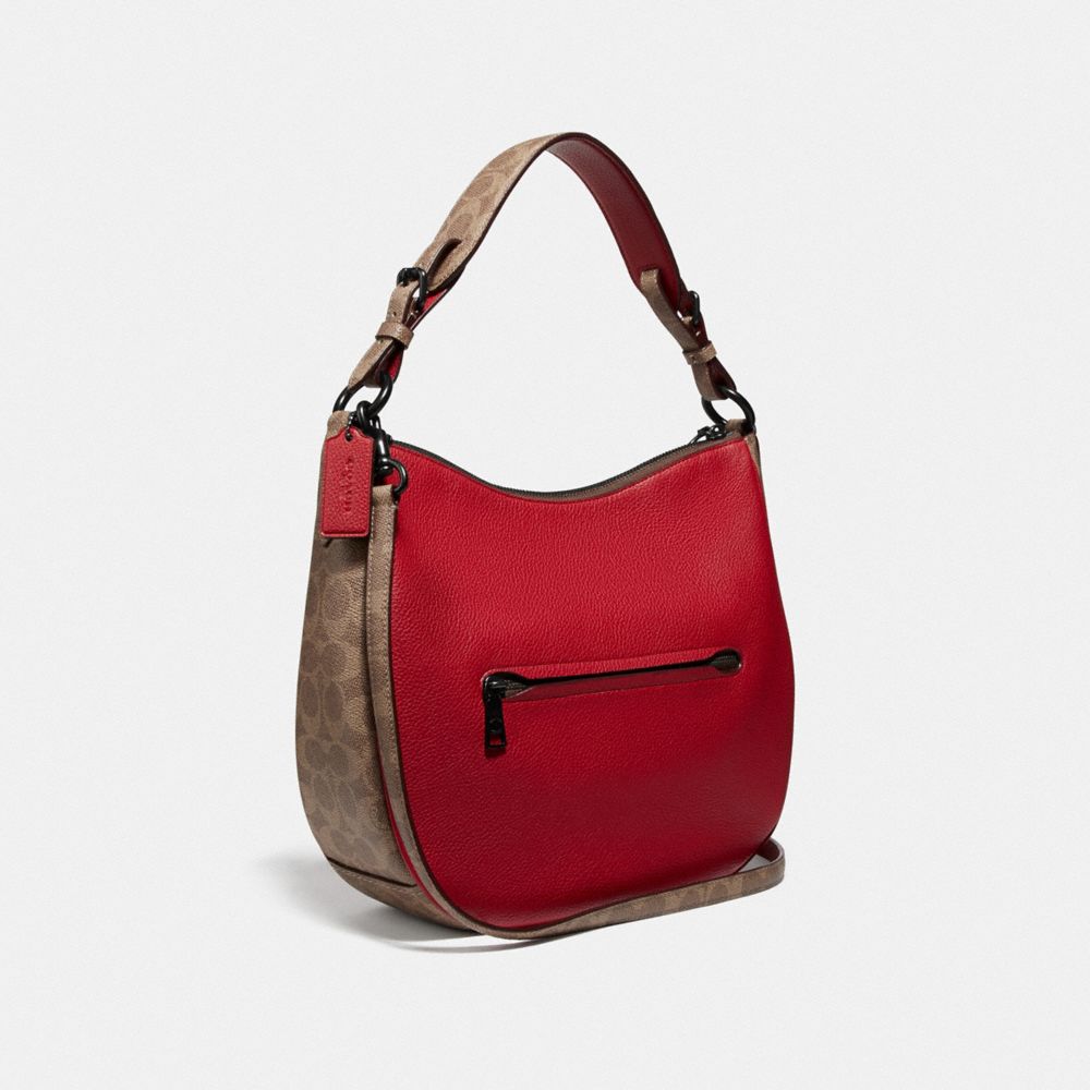 COACH®,SUTTON HOBO WITH SIGNATURE CANVAS BLOCKING,Coated Canvas,Pewter/Tan Red Apple,Angle View