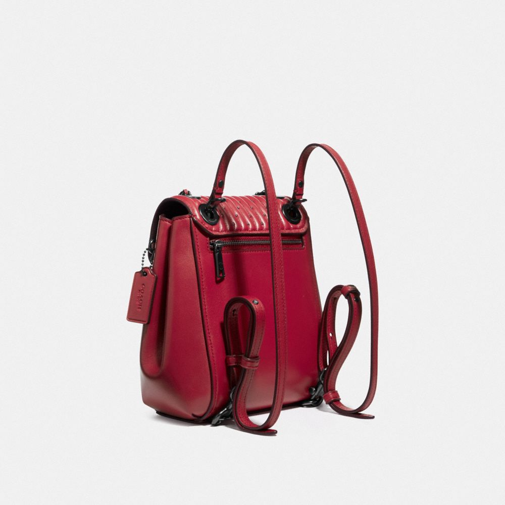 COACH®,PARKER CONVERTIBLE BACKPACK 16 WITH QUILTING AND RIVETS,Leather,Small,Pewter/Red Apple,Angle View