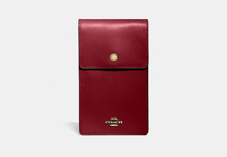 COACH®,SNAP PHONE CROSSBODY,Smooth Calf Leather,Mini,Gold/Deep Red,Front View