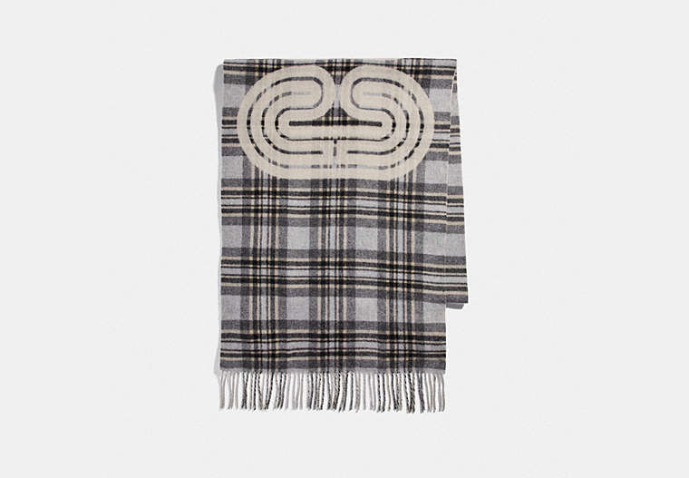 COACH®,SPORTY PLAID PRINT OVERSIZED MUFFLER,Wool Blend,GREY,Front View