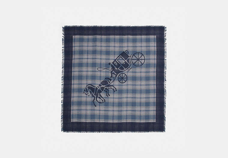 COACH®,HORSE AND CARRIAGE PLAID PRINT OVERSIZED SQUARE SCARF,cotton,Denim,Front View