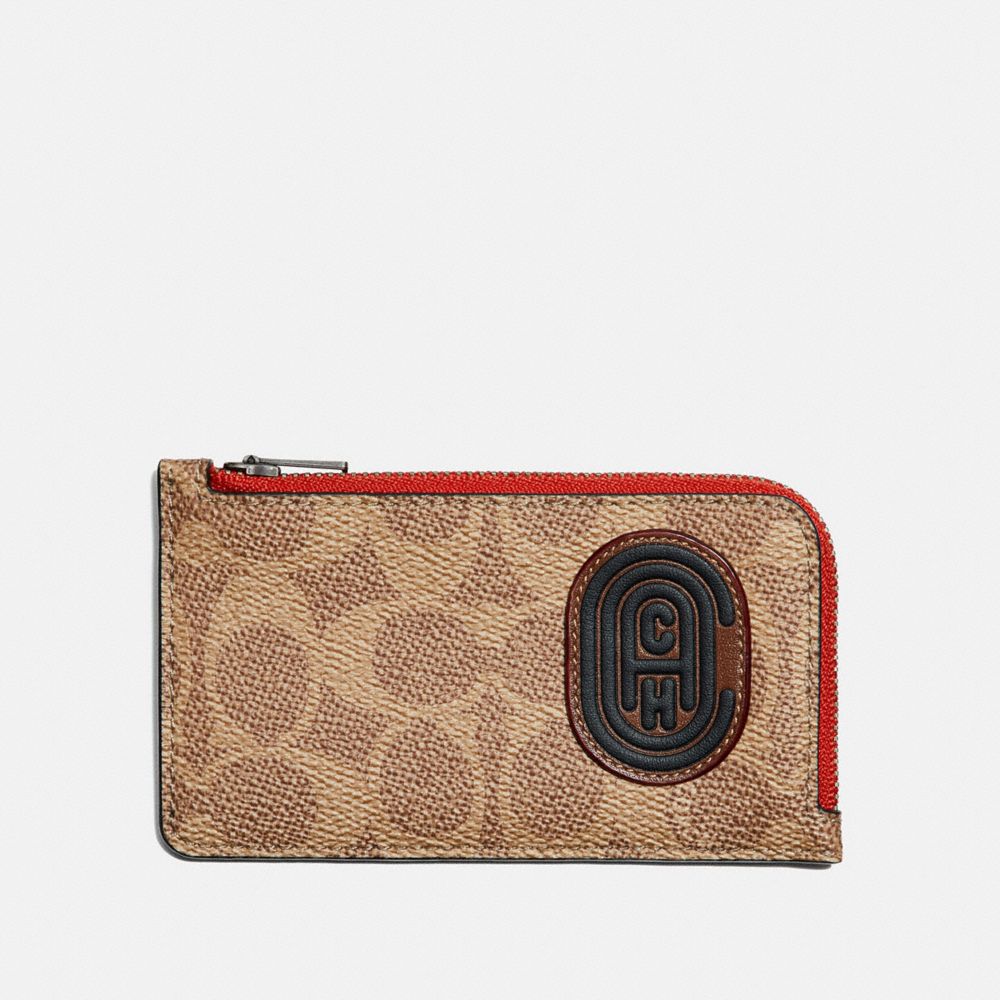 COACH®,L-ZIP CARD CASE WITH SIGNATURE CANVAS BLOCKING AND COACH PATCH,Leather,Tan Signature Multi,Front View