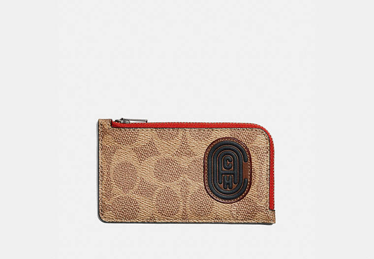 COACH®,L-ZIP CARD CASE WITH SIGNATURE CANVAS BLOCKING AND COACH PATCH,Leather,Tan Signature Multi,Front View image number 0