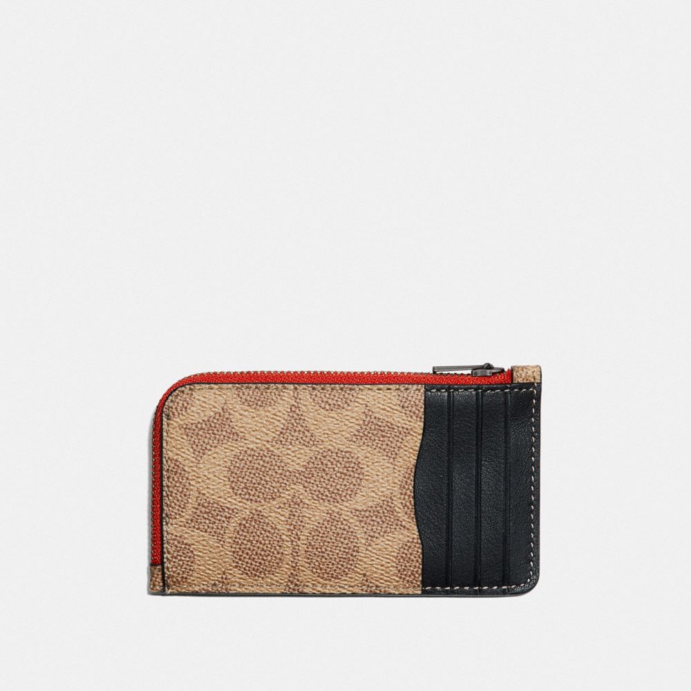 COACH®,L-ZIP CARD CASE WITH SIGNATURE CANVAS BLOCKING AND COACH PATCH,Leather,Tan Signature Multi,Back View