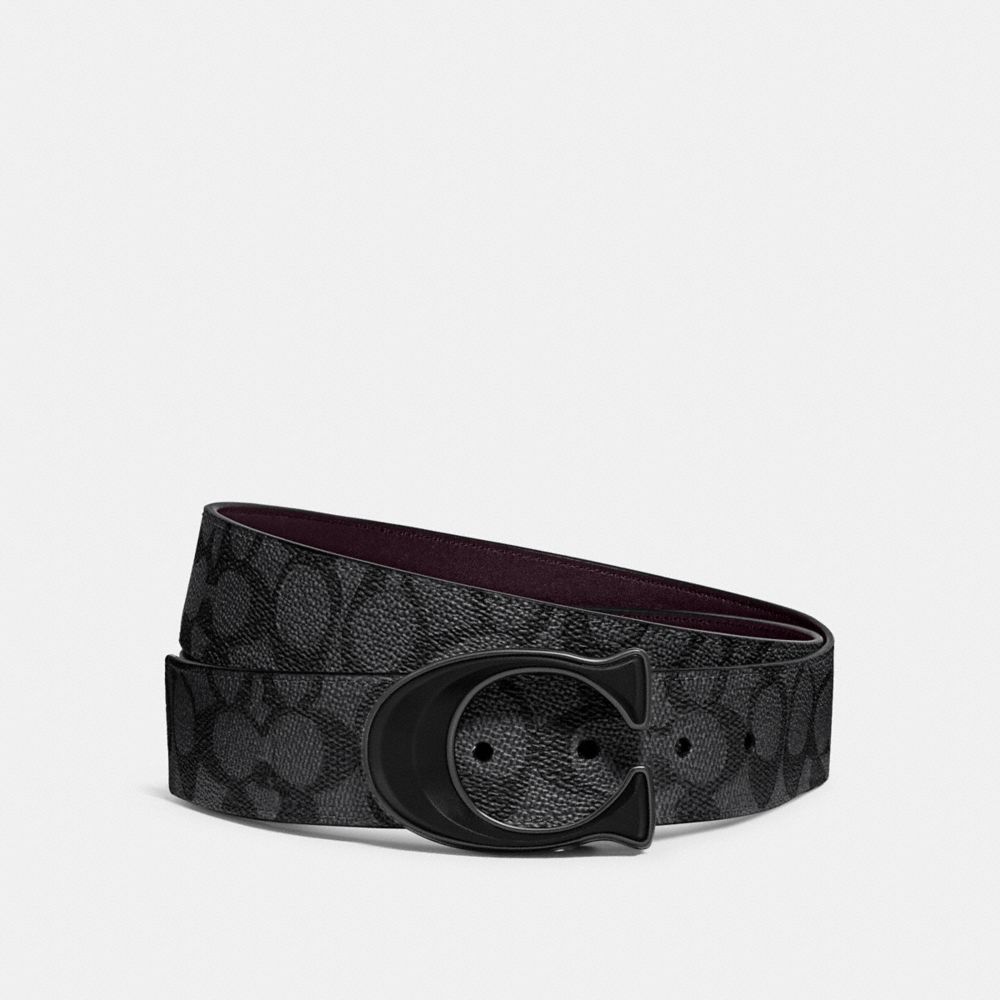 COACH®,SIGNATURE BUCKLE CUT-TO-SIZE REVERSIBLE BELT, 38MM,Coated Canvas,Charcoal/Oxblood,Front View