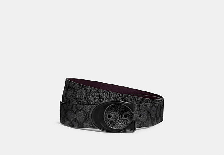 COACH®,SIGNATURE BUCKLE CUT-TO-SIZE REVERSIBLE BELT, 38MM,Coated Canvas,Charcoal/Oxblood,Front View