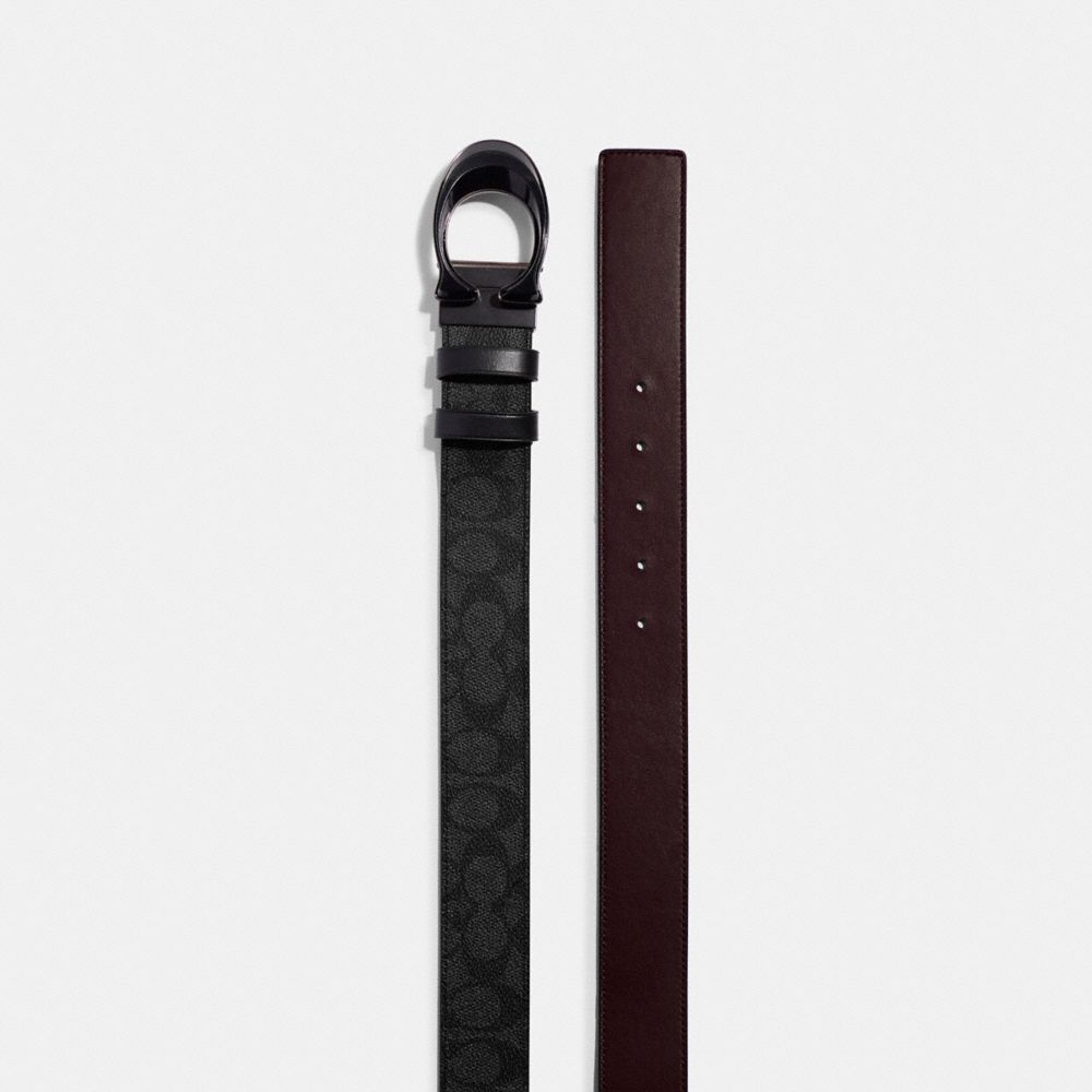COACH®,SIGNATURE BUCKLE CUT-TO-SIZE REVERSIBLE BELT, 38MM,Coated Canvas,Charcoal/Oxblood,Angle View